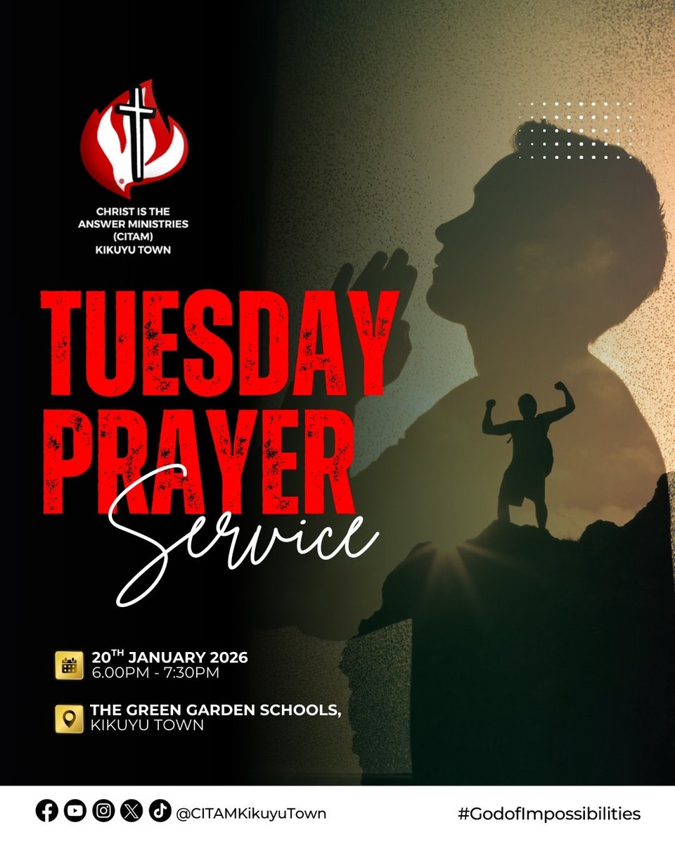 Don’t push through the week empty🙂Join us today at 6pm for our prayer service and be refreshed, renewed, and strengthened in His presence 🤗 #CitamKikuyuTownChurch #GodOfImpossibilities #prayerandfasting