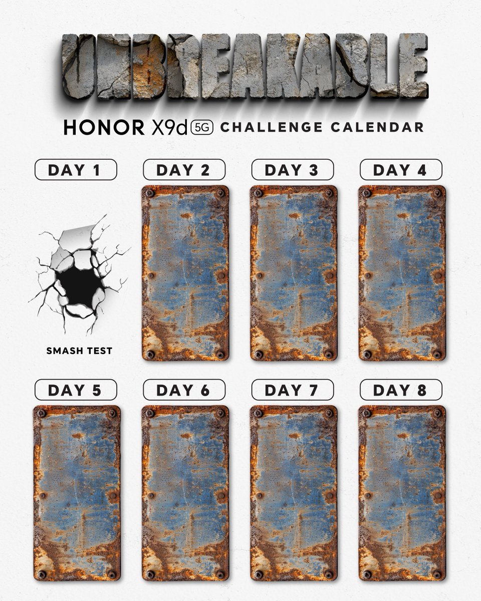 Today’s Unbreakable Calendar challenge: THE Ultimate Smash Test 💥

We’re going in hard. Will the HONOR X9d survive? 👀

Drop a 🦾 in the comments if you think it can take it.

#HONORX9d