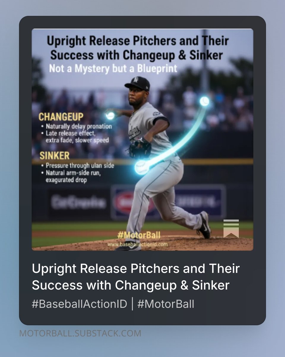 Upright release = flaw? Or hidden power? Supinator proves the latter: CH that look like FB, sinkers that drop arm-side. It’s all in their natural motor blueprint. Read👉tinyurl.com/3nvw2r8j - #MotorBall #BaseballActionID <a href="/jaegersports/">Jaeger Sports</a> <a href="/TrueSandA/">Kevin Barr</a> <a href="/ButchBaseball29/">Butch Chaffin 🇺🇸🇺🇸🇺🇸⚾️⚾️🧢</a> <a href="/ICBaseball/">Imperial College Baseball & Softball Club</a>