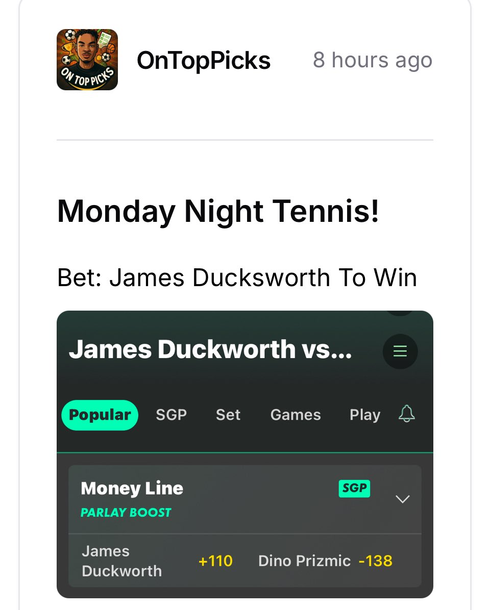 OnTopPicks's tweet image. Late Night Tennis = BANGER 

James Ducksworth ML +110 

The dog was barking! 
Seen this coming from a mile away! James is more consistent for sure! 🤑🎾

#SportsBetting | #JoinVIP
#LiveBet | #TennisTips