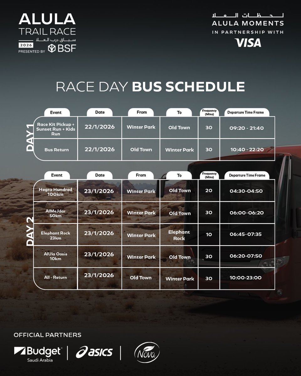 مواعيد الباصات جاهزة!🚍🚨 حضّروا أنفسكم! 

#سباق_درب_العلا #لحظات_العلا

Bus schedule now available🚍🚨 Be ready!

#AlUlaTrailRace #AlUlaMoments