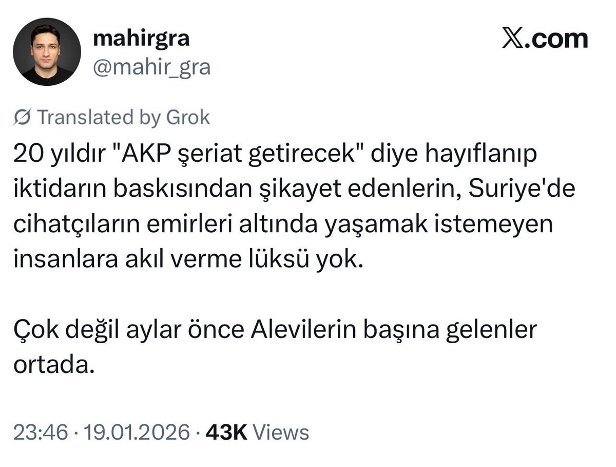 türkiye'de hilafet yıkılıp laik rejim kurulurken şeyh peşinde isyan eden, akp ile kritik iki zamanda süreç yürüten, suriye'de herkes için laikliği sağlayan esad'a karşı toprak koparmak için onu devirmek isteyen abd'nin bayraktarlığını yapan, aleviler katiledilirken colani ile