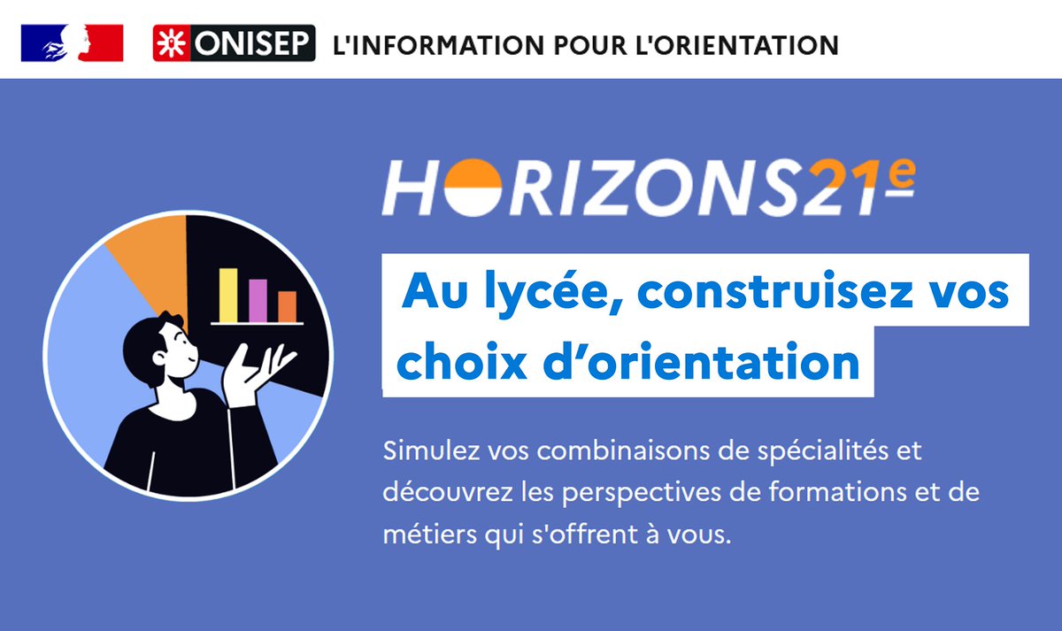 🧭 Accompagner les élèves dans leurs choix d'orientation au lycée

Le site Horizons21e de l'<a href="/Onisep/">Onisep</a> permet à vos élèves de simuler différentes combinaisons de spécialités et de découvrir des perspectives de formations et de métiers qui s'offrent à eux ⤵

onisep.fr/horizons21