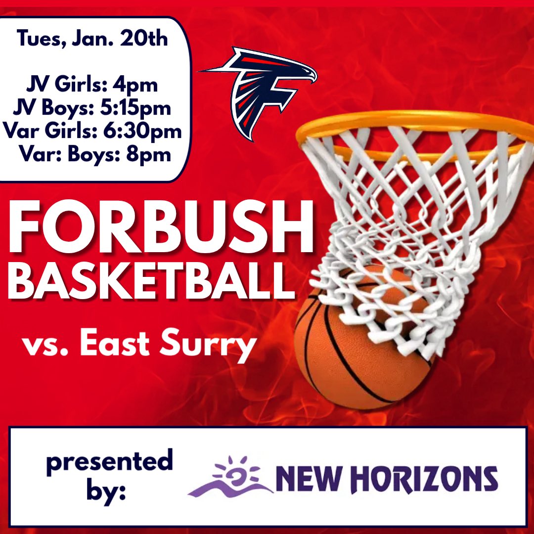 ForbushABC's tweet image. It’s a Forbush Basketball Gameday presented by New Horizons Adult Day Services! Go Falcons!
