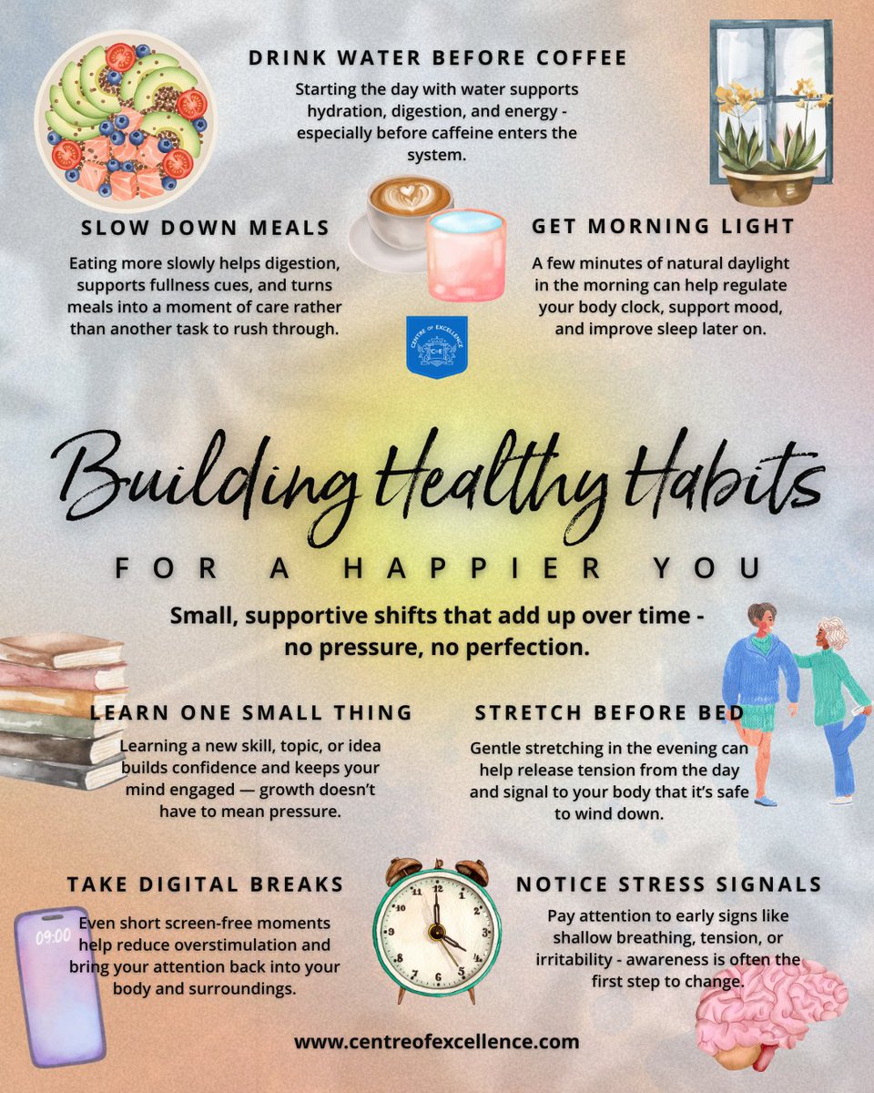 Building healthy habits doesn’t have to be overwhelming 💛

👉 Learn how to build habits that stick with habit stacking: centreofexcellence.com/what-is-habit-…

#HabitStacking #SelfCareTips