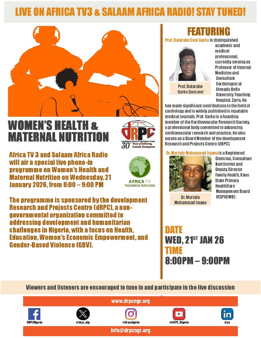 Tune in tomorrow and join the conversation on Women's Health &amp; Nutrition with Prof. Balarabe Garko Sani mni and Dr. Murtala M. Inuwa on Africa TV3 and Salaam Africa Radio. at 8 PM (GMT)