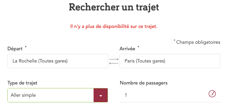 Can't book any La Rochelle - Paris train with points, regardless of the date.
Zero availability for