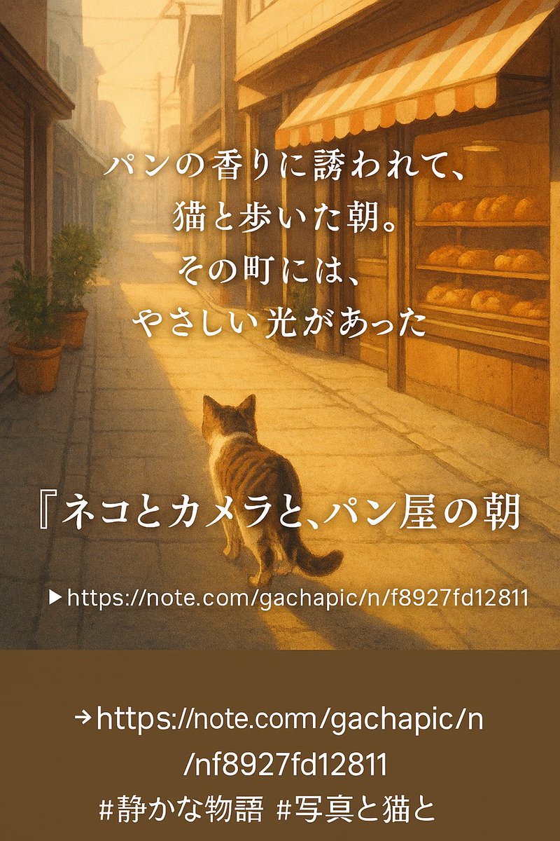 gachapic's tweet photo. パンの香りに誘われて、猫と歩いた朝。 その町には、やさしい光があった。 『ネコとカメラと、パン屋の朝』

https://t.co/rRFWr5jwJV #静かな物語 #写真と猫と #noteで読める https://t.co/0ERPNncWIN