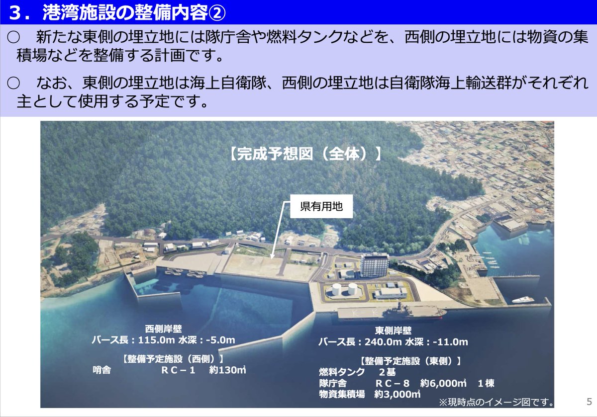 奄美大島の古仁屋港に建設する自衛隊の港湾施設についての説明会があったらしく、瀬戸内町が説明資料を公開していた

埋立範囲はすでに公開されていたけれど、施設配置や、おおすみ型を受け入れられる岸壁のイメージ、そして配備される揚陸艇の諸元などが公開されている
town.setouchi.lg.jp/kikikanri/docu…