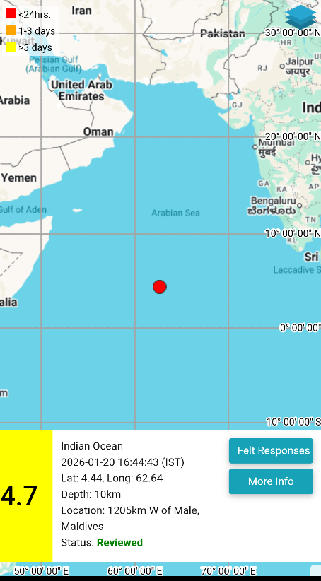 EQ of M: 4.7, On: 20/01/2026 16:44:43 IST, Lat: 4.44 N, Long: 62.64 E, Depth: 10 Km, Location: Indian Ocean. 
For more information Download the BhooKamp App 
riseq.seismo.gov.in/riseq/earthqua… 
<a href="/DrJitendraSingh/">Dr Jitendra Singh</a> 
<a href="/OfficeOfDrJS/">Office of Dr. Jitendra Singh</a> 
<a href="/Ravi_MoES/">Ravi</a>  
<a href="/Dr_Mishra1966/">Dr. O. P. Mishra</a> 
<a href="/ndmaindia/">NDMA India | राष्ट्रीय आपदा प्रबंधन प्राधिकरण 🇮🇳</a>