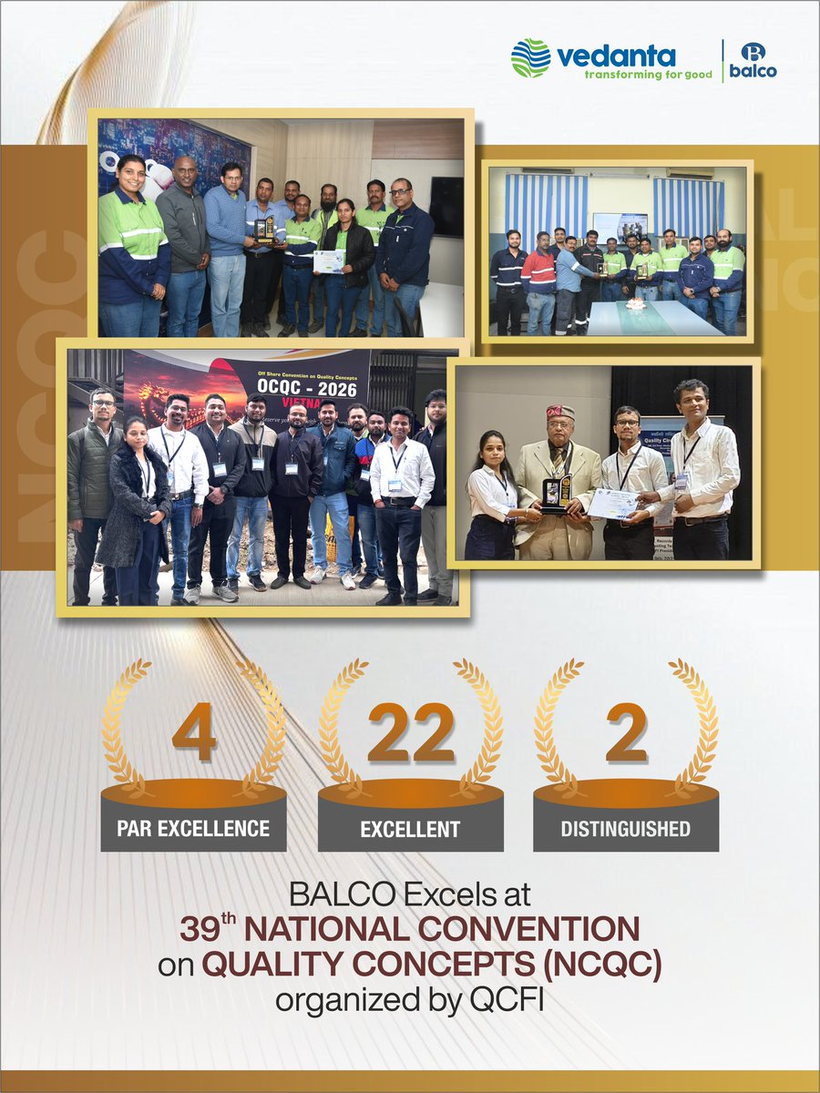 #BALCO demonstrated strong technical capability &amp; process excellence at the NCQC in Greater Noida, among 700+ industries, delivering impactful improvement projects showcasing commitment to #quality &amp; #continuous_improvement.
#Vedanta #TransformingTheWorkplace #TransformingForGood