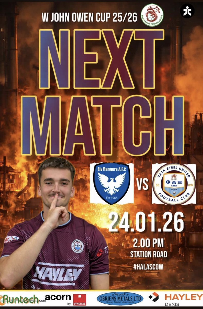 ⚽️NEXT MATCH⚽️

Ely Rangers 🆚 Tata Steel United

📅 Saturday 24th January
⏰ 2:00pm KO
📍 Station Road

Our attention turns to the W John Owen Cup this Saturday.

The boys are looking forward to testing themselves against higher opposition as we look to make our mark in cup🏆
