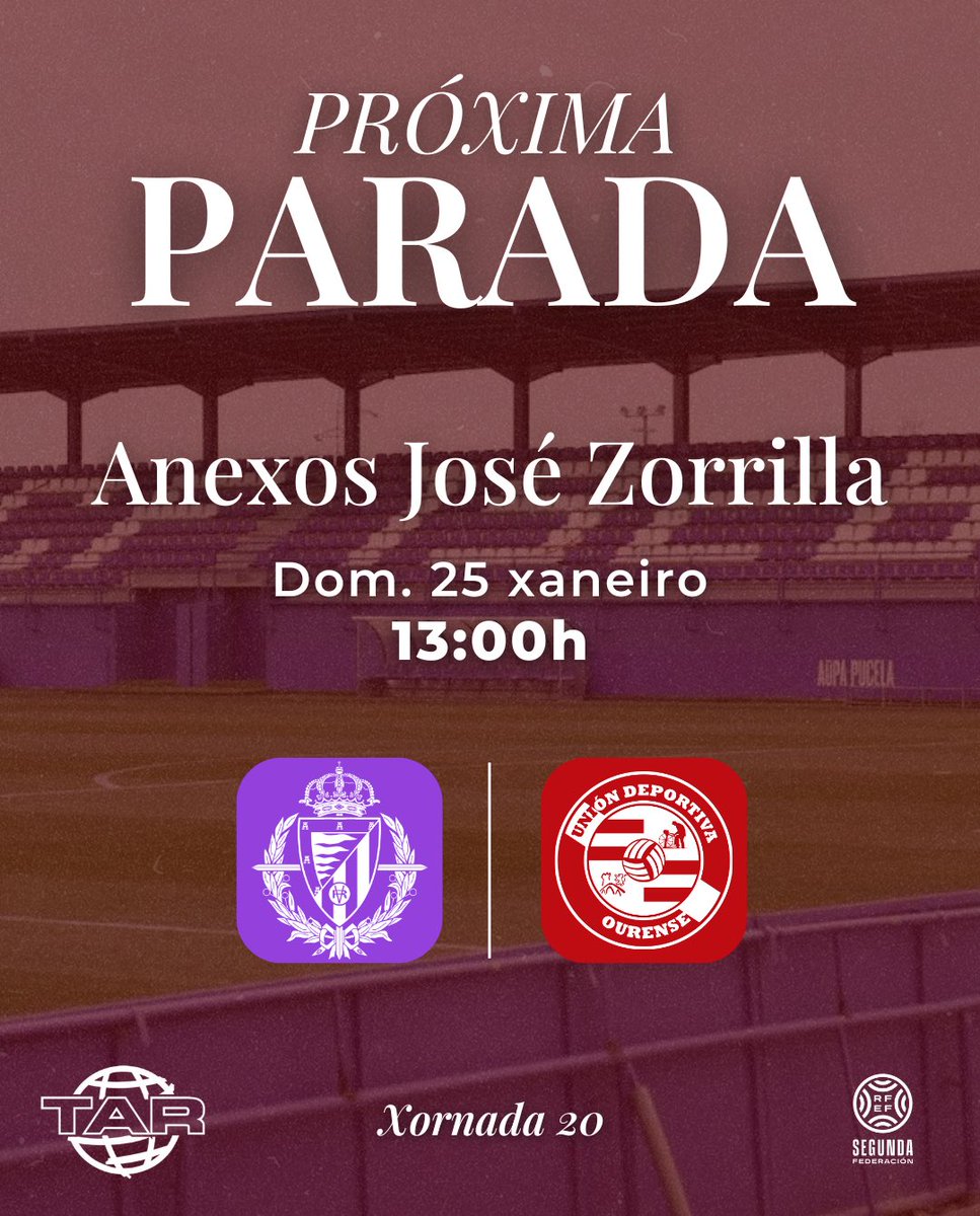 Ourensanistas, próxima parada... 𝐀𝐍𝐄𝐗𝐎𝐒 𝐉𝐎𝐒𝐄́ 𝐙𝐎𝐑𝐑𝐈𝐋𝐋𝐀

📋 Xornada 20
🆚 <a href="/RVcantera/">Cantera Real Valladolid</a> 
📅 Domingo 25
🕐 13:00

#ValladolidPromesasOurense