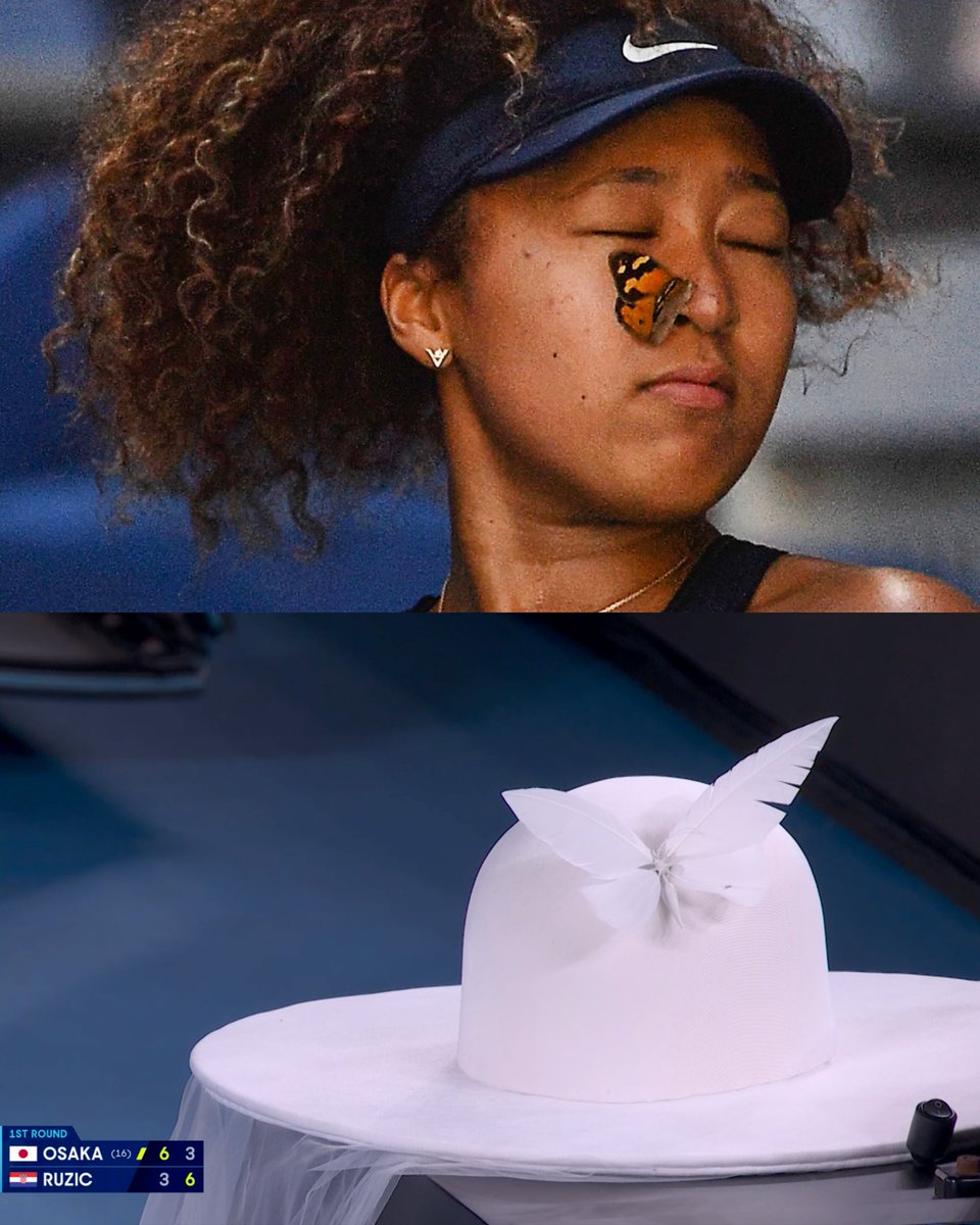 BastienFachan's tweet image. Absolutely love that Naomi Osaka's hat is referencing her viral butterfly moment from the 2021 Australian Open 🦋🧡