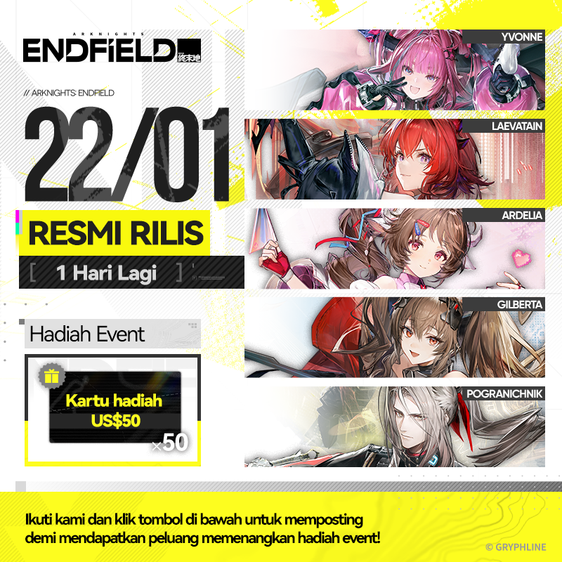 AKEndfieldID's tweet photo. Arknights: Endfield Resmi Diluncurkan Besok! 

Pendaratan di Talos-II sudah dekat. Pilih Operator favoritmu dan hitung mundur menuju Talos-II!

Periksa gambar dan kolom komentar untuk detail event selengkapnya.

Event berakhir: 28 Januari 2026.