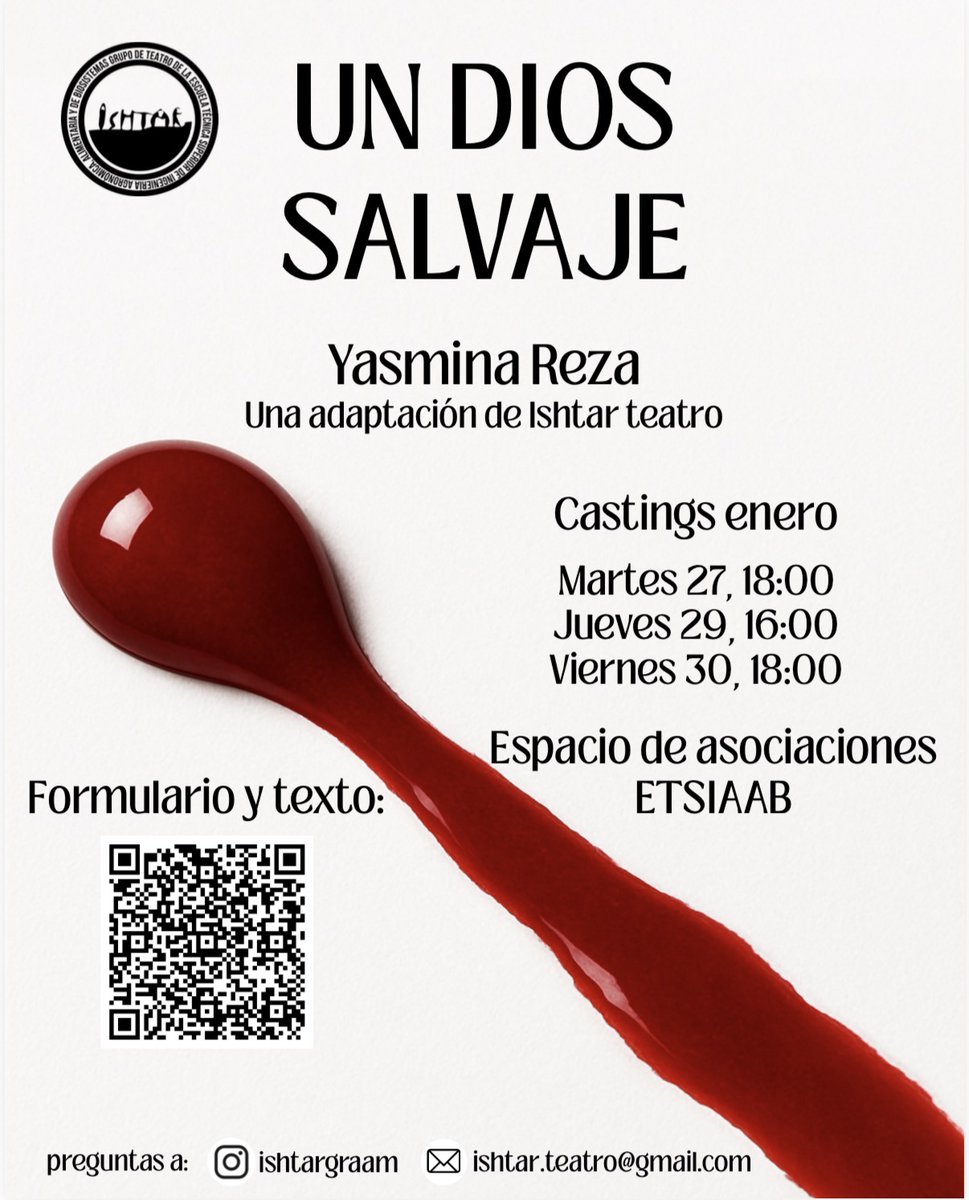 🎭 Casting para ‘Un Dios Salvaje’

<a href="/IshtarAgronomos/">Ishtar Teatro</a> busca actores y actrices para la obra que interpretarán en el XXXIII Festival de Teatro UPM. 

Las pruebas serán el 27, 29 y 30/1 en el espacio común de las asociaciones en el edificio Agrícolas.

etsiaab.upm.es/Centro/Gabinet…