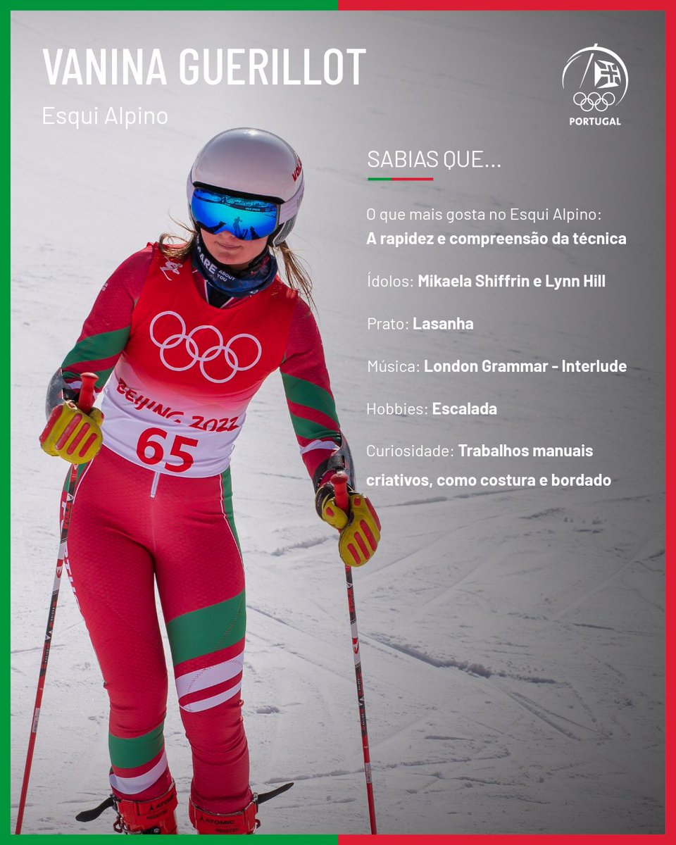 COPPORTUGAL's tweet photo. A primeira mulher a 𝗿𝗲𝗽𝗲𝘁𝗶𝗿 presença em Jogos Olímpicos de Inverno! 🇵🇹❄️

Vanina Guerillot vai representar a Equipa Portugal Milão Cortina 2026 na modalidade de Esqui Alpino 🙌

⛷️ Slalom Gigante (15/02)
⛷️ Slalom (18/02)

#COPortugal #EquipaPortugal #MilanoCortina2026 https://t.co/B98ImlKidG