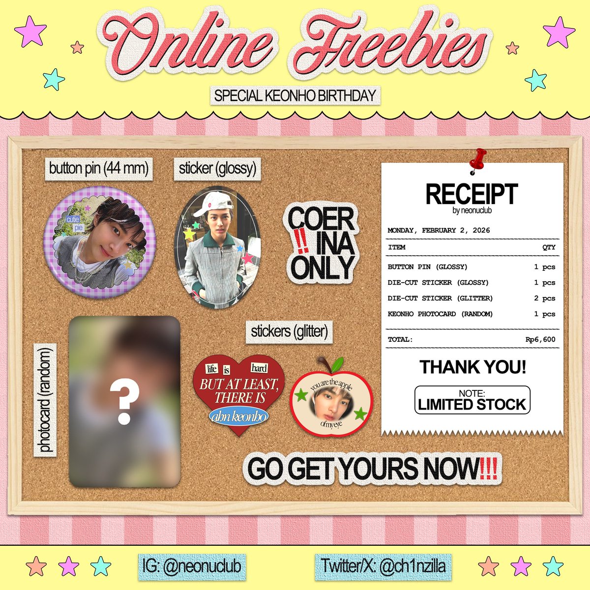 ch1nzilla's tweet image. ˙ . ꒷ 🍎 . 𖦹
Online Freebies Special Keonho Birthday
by: @ch1nzilla

rt &amp;amp; like this tweet ♡.ᐟ

★ COER INA ONLY &amp;amp; LOVES KEONHO
★ co on 02 February (12.00 WIB) via 🍊
★ set Rp6.600 (no refund)
★ limited qty
★ more detail in the 2nd pict

drop your @ if you're interested ♡