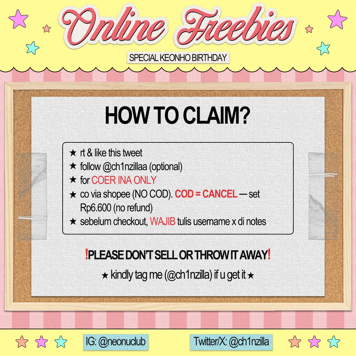 ch1nzilla's tweet image. ˙ . ꒷ 🍎 . 𖦹
Online Freebies Special Keonho Birthday
by: @ch1nzilla

rt &amp;amp; like this tweet ♡.ᐟ

★ COER INA ONLY &amp;amp; LOVES KEONHO
★ co on 02 February (12.00 WIB) via 🍊
★ set Rp6.600 (no refund)
★ limited qty
★ more detail in the 2nd pict

drop your @ if you're interested ♡