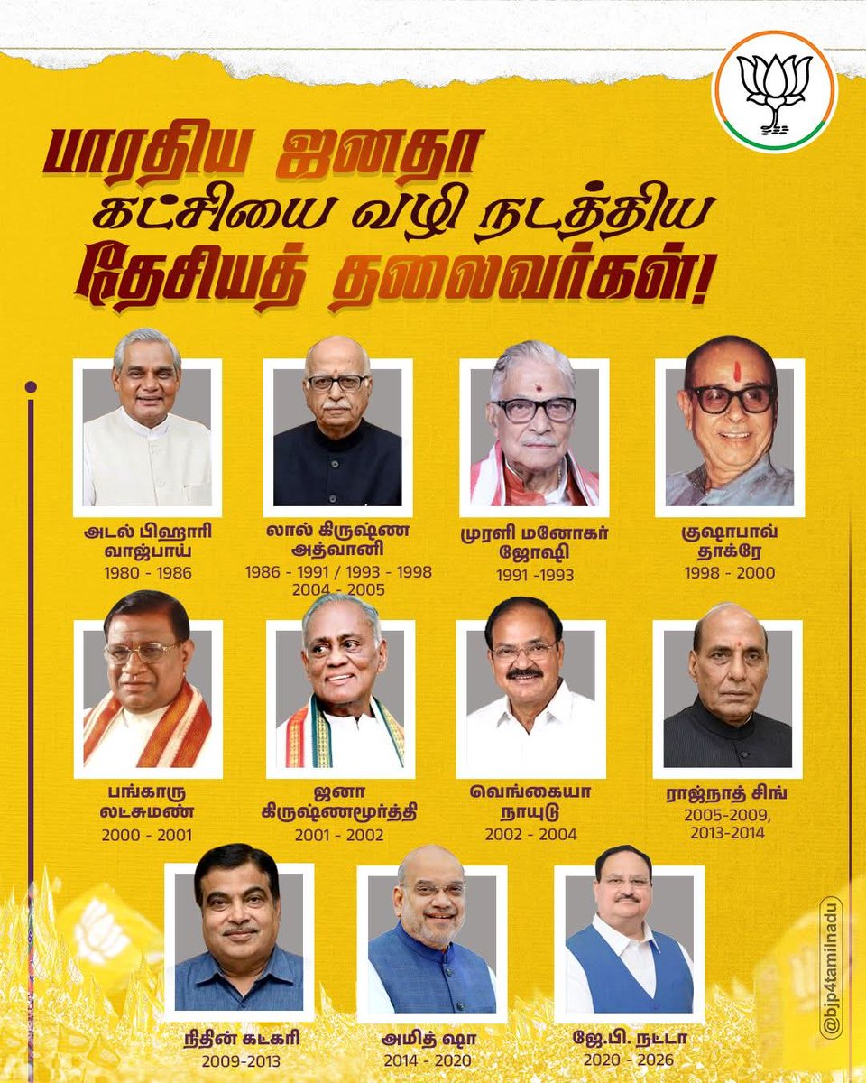 பாரதிய ஜனதா கட்சியின் வளர்ச்சிப் பயணத்தை இதுவரை முன்னின்று வழி நடத்திய தேசியத் தலைவர்கள்..!

<a href="/BJP4India/">BJP</a> 
<a href="/BJP4TamilNadu/">BJP Tamilnadu</a>