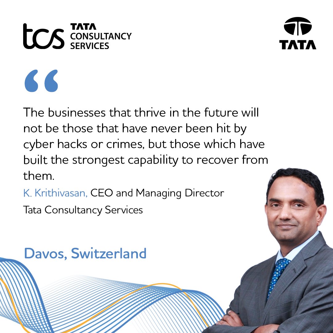 TCS_Europe's tweet photo. "No matter how high your walls, every business faces an elevated risk of being breached." K. Krithivasan, CEO and Managing Director, @tcs. 

Is your cybersecurity strategy ready for tomorrow? Discover key insights in the latest World Economic Forum report. 

Download now: 
https://t.co/JfOiN6AU6i 

#TCSatDavos #wef26