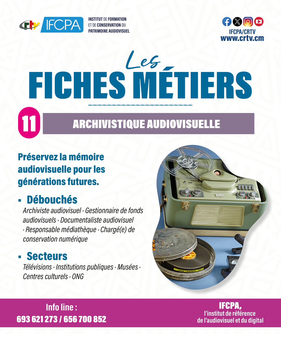 🎓 Tu veux un métier utile, moderne et tourné vers l’avenir ?
📼 L’archivistique audiovisuelle te permet de préserver la mémoire, valoriser le patrimoine et maîtriser le digital.

Un domaine  où passion, technologie et avenir professionnel se rencontrent.