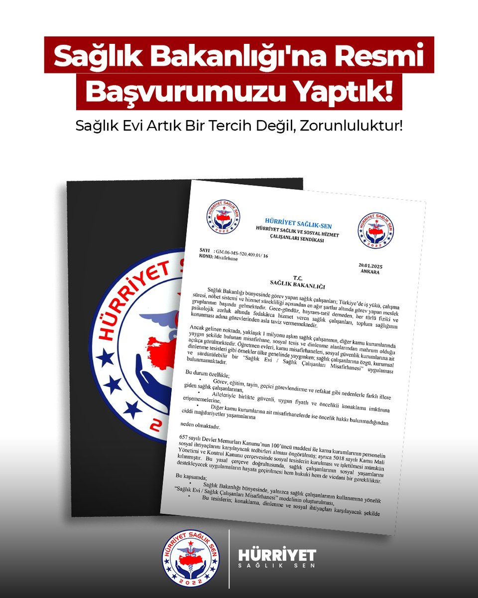 Sağlık çalışanları gece gündüz fedakârca görev yapıyor ama temel bir ihtiyaca hâlâ erişemiyor.

Hürriyet Sağlık-Sen olarak Sağlık Bakanlığına resmi başvurumuzu ileterek,
Sağlık çalışanlarına özel, erişilebilir ve uygun ücretli Sağlık Evi / Misafirhane artık bir lütuf değil,