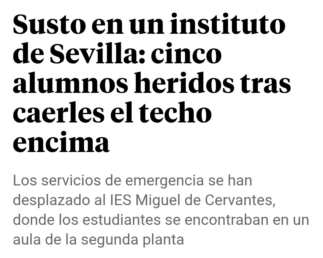 Hace unos días cayó el techo del IES Vicente Aleixandre en Triana. Hoy ha sido el IES Miguel de Cervantes en la Macarena, con cinco chavales heridos. Acudir a un instituto público en Sevilla se ha convertido en un peligro por la desidia del PP. Basta ya. lavozdelsur.es/ediciones/sevi…