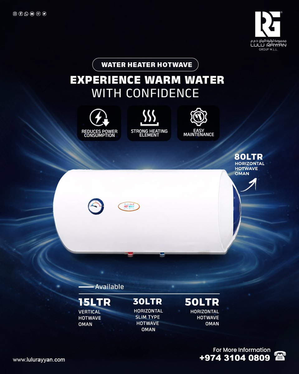 Confidence comes from reliability. 🛁✨
Experience uninterrupted warm water with the durable and efficient HOTWAVE🛁 Water Heater collection. Perfect for every home size!

📏 Multiple Sizes Available:
🟫15LTR (Vertical) 
🟫30LTR (Slim) 
🟫50LTR &amp; 80LTR – Ideal for Larger Families
