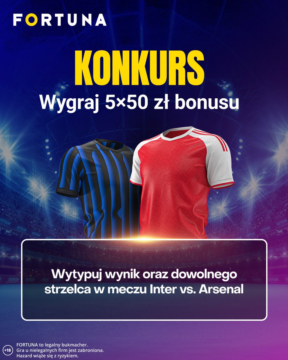 eFortunapl's tweet image. KONKURS 🎁
🥇 Freebet 50 zł 
Zadanie konkursowe
✔️ Wytypuj wynik oraz dowolnego strzelca w meczu Inter - Arsenal
🔍 Obserwuj @efortunapl

▶️ Wygrywa 5 osób
▶️ Odpowiedzi do 21:00
▶️ Wyniki do 22.01.26 
▶️ Regulamin: tiny.pl/3142v-rqd