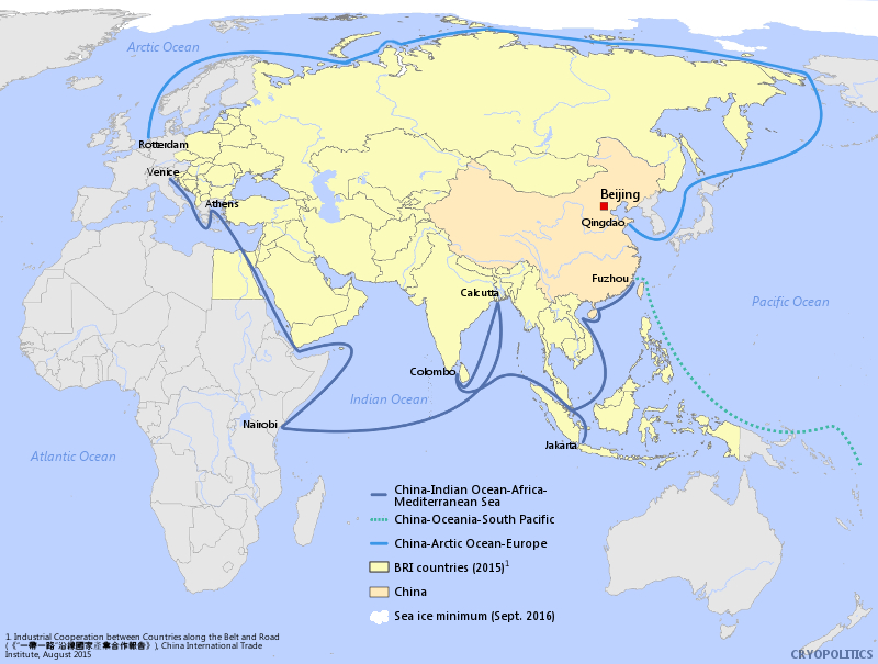 MsMelChen's tweet image. In 2018, Beijing released a white paper on how China could extend its Belt and Road Initiative to the Arctic region, calling it 冰上丝绸之路 (literally: Silk Road on Ice).

The Polar Silk Road (light blue below) refers to a navigable sea route that connects the Western…