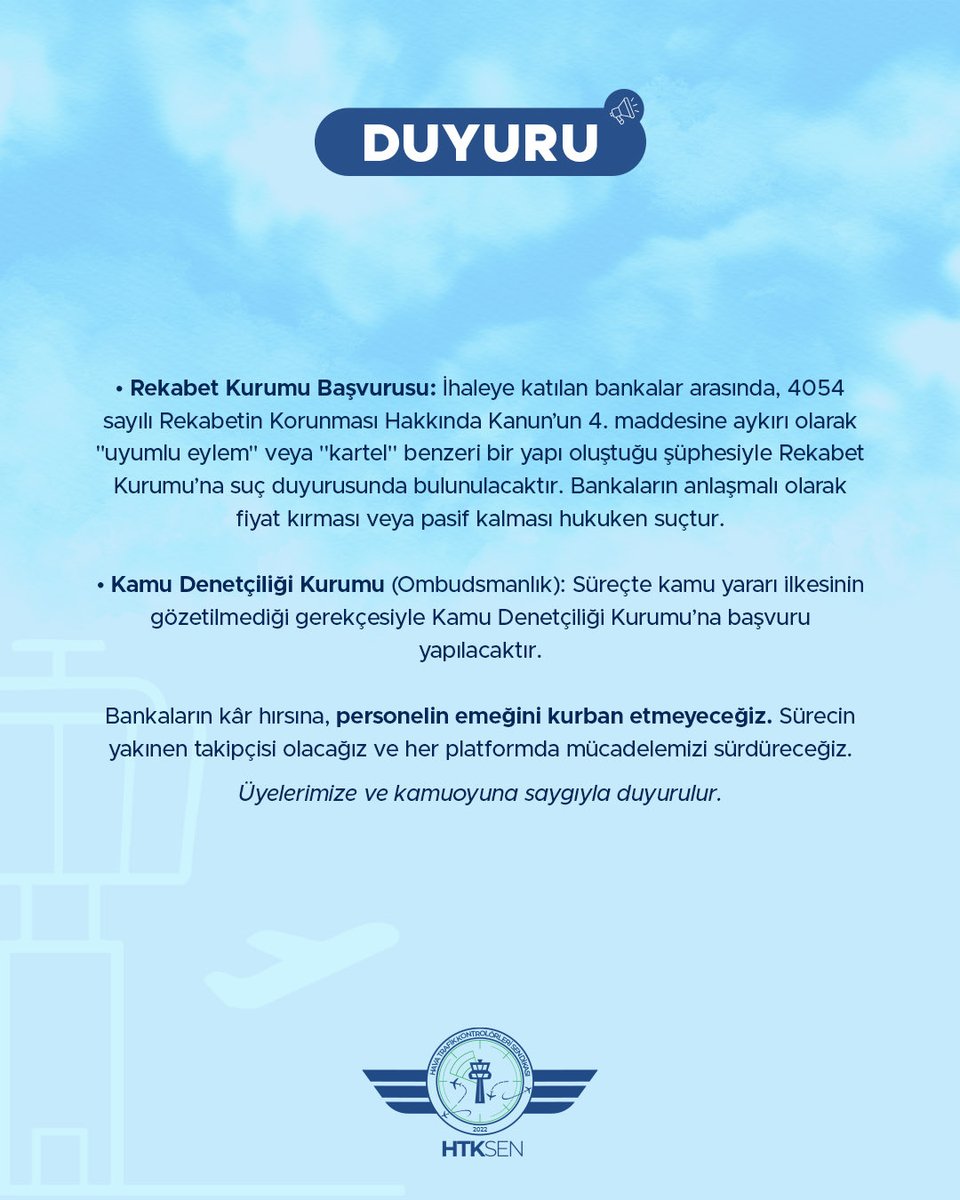 DHMİ Maaş Promosyon İhalesine İlişkin Kamuoyu Duyurusu*

Bugün Devlet Hava Meydanları İşletmesi (DHMİ) Genel Müdürlüğü bünyesinde gerçekleştirilen maaş promosyon ihalesi, ne yazık ki kurum personelinin ekonomik beklentilerini karşılamaktan uzak kalmış, piyasa gerçekleriyle