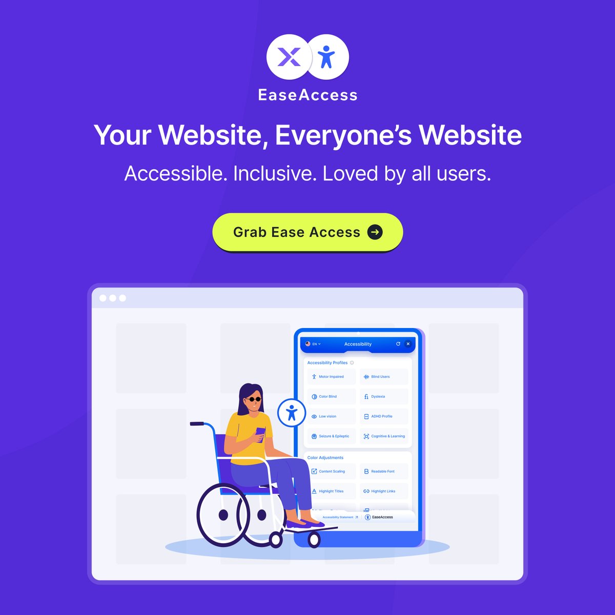 divi_next's tweet image. Make Your Website Welcome for Everyone 🌐
EaseAccess supports motor impaired, blind, color blind, dyslexia, low vision, ADHD &amp;amp; more.

Adjust colors, resize content, and improve readability—all in one widget.

👉 easeaccess.io/pricing/
#Accessibility #DiviNext #Divi #EaseAccess