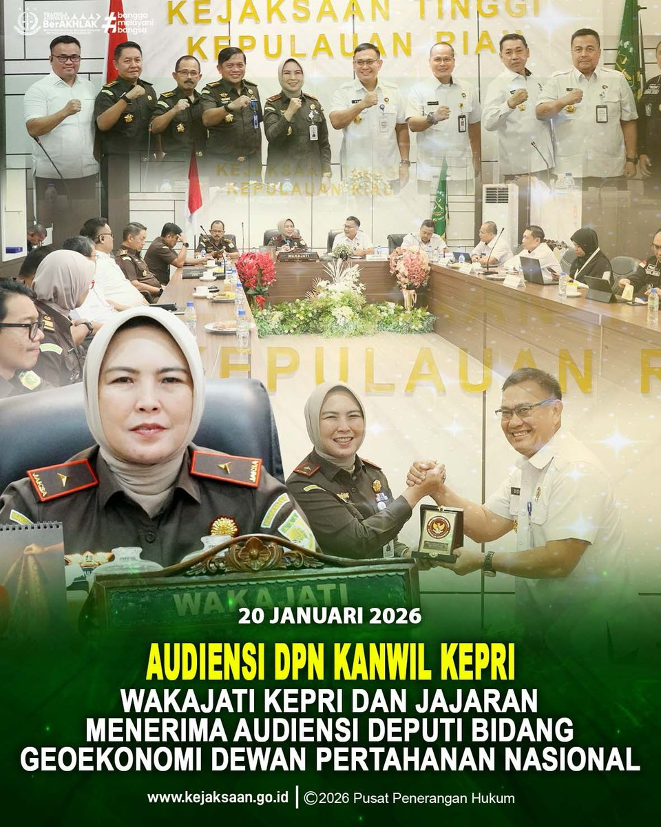 Tanjungpinang - Wakil Kepala Kejaksaan Tinggi Kepulauan Riau Diah Yuliastuti beserta jajaran menerima audiensi/coutesy call Deputi Bidang Geoekonomi Dewan Pertahanan Nasional (DPN) Dr. Yayat Ruyat, M.Eng, bertempat di ruang vidcon Kajati Kepri, Selasa (20/01/2026).