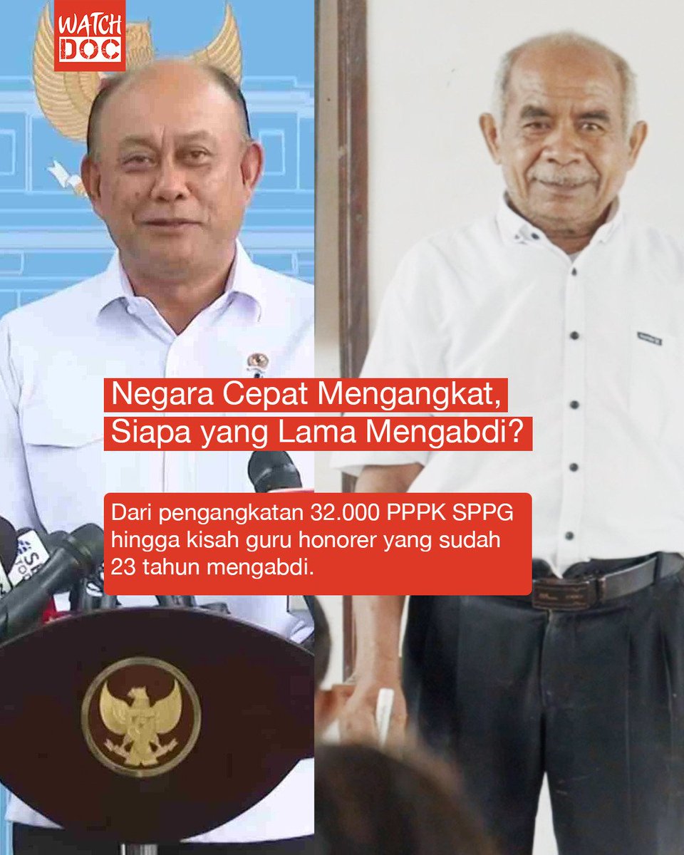 watchdoc_ID's tweet image. Pemerintah menyebut 32.000 pegawai SPPG akan dilantik sebagai ASN PPPK per 1 Februari 2026.

Di sisi lain, Pak Agustinus, guru honorer di Kupang, NTT. Sudah 23 tahun mengajar, gajinya kerap terlambat. Pada 2025, ia hanya menerima Rp223.000.

Siapa yang diprioritaskan pemerintah?