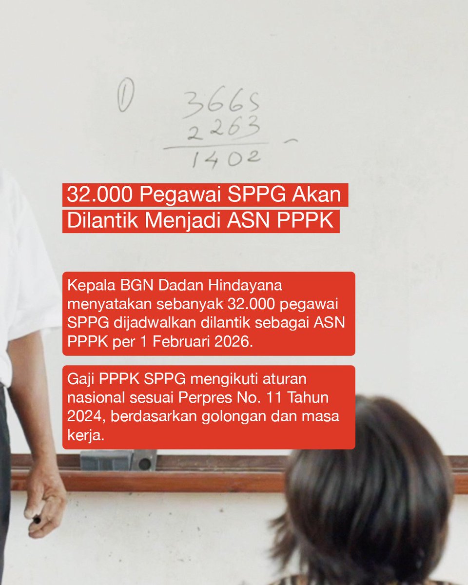 watchdoc_ID's tweet image. Pemerintah menyebut 32.000 pegawai SPPG akan dilantik sebagai ASN PPPK per 1 Februari 2026.

Di sisi lain, Pak Agustinus, guru honorer di Kupang, NTT. Sudah 23 tahun mengajar, gajinya kerap terlambat. Pada 2025, ia hanya menerima Rp223.000.

Siapa yang diprioritaskan pemerintah?