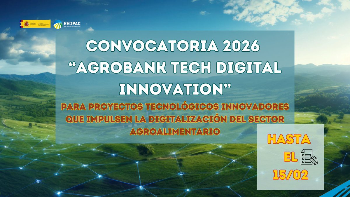 💥CONVOCATORIA "AgroBank Tech Digital INNovation" 2026 de <a href="/gobmapa/">Ministerio de Agricultura, Pesca y Alimentación</a> y <a href="/AgroBank_CABK/">AgroBank</a>
🔍PARA proyectos tecnológicos para impulsar la digitalización del sector agroalimentario
🚀Financiación, mentorías, visibilidad, eventos y testeo real
✍🏼Hasta el 15/02: bit.ly/AgroBankTDI26