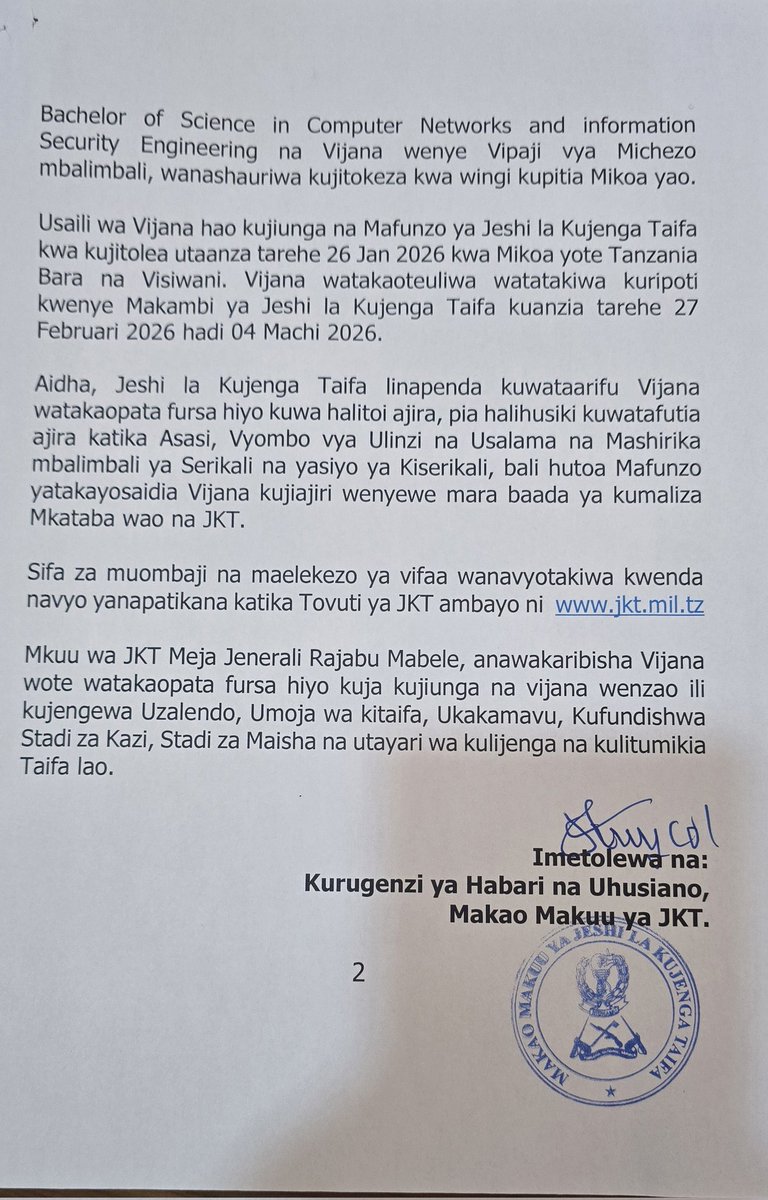 JKTonlinetz's tweet photo. NAFASI ZA KUJIUNGA NA JKT KWA KUJITOLEA MWAKA 2026 https://t.co/rOxG1zJd93