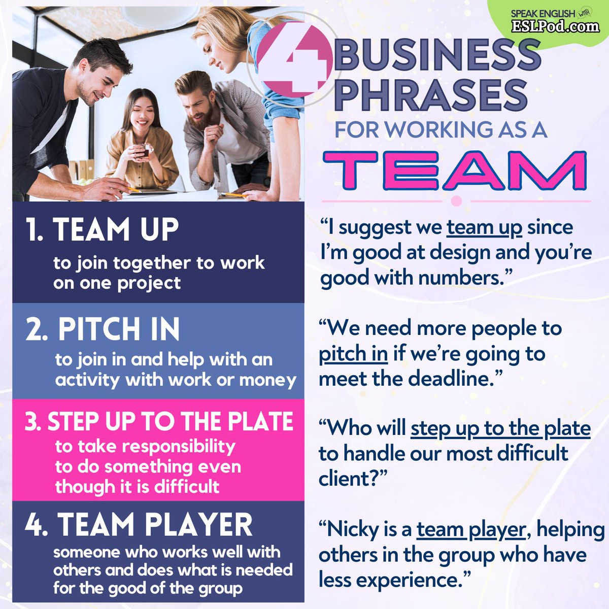 eslpod's tweet photo. 4 BUSINESS PHRASES FOR WORKING AS A TEAM
If you have an iPhone, iPad, or Mac, subscribe to our Apple Podcasts "Speak English with https://t.co/ua2bfkb4jX" here:
https://t.co/Y5JECSOQqL
~Jeff
#askateacher #vocabulary #englishvocabulary #learnenglish #helpwithenglish https://t.co/LD2vORmx8w