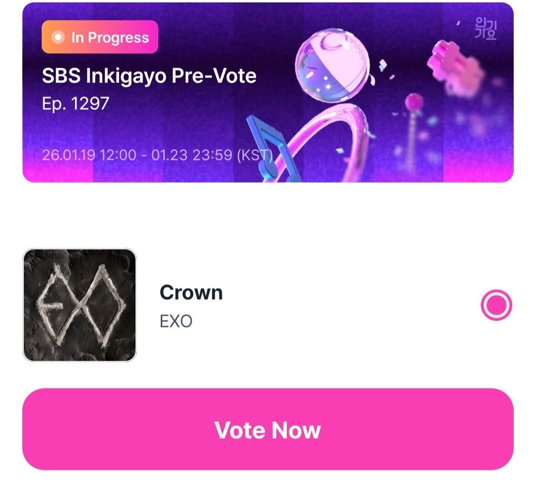 LTeamIna_'s tweet image. 📢 EXO Music Show voting on going 📣 

📍 LINC [ Inkigayo pre vote]
⏰ 2026.01.19 ~ 2026.01.23 (23.59 Kst)
📌 1 Acc 10 votes / day
🔗 app.linc.fan/31TL/01KF9VV0V…

#EXO_Crown #EXO_REVERXE 
#EXO #엑소 @weareoneEXO