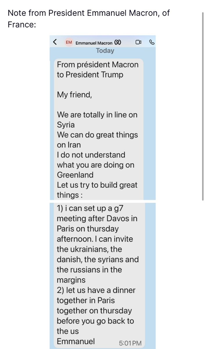 Trump expone sus mensajes con Rutte (OTAN) y Macron. Estamos en manos de adoradores de Satán.
Rutte lo apoya con Gaza y se despide con un “me muero de ganas de verte; tuyo, Mark”.
Macron le dice que puede seguir matando en Siria e Irán, pero que no entiende lo de Groenlandia.