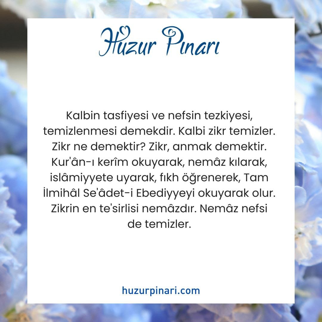Huzurpinaricom's tweet photo. Kalbin tasfiyesi ve nefsin tezkiyesi, temizlenmesi demekdir. Kalbi zikr temizler. Zikr ne demektir? Zikr, anmak demektir. Kur'ân-ı kerîm okuyarak, nemâz kılarak, islâmiyyete uyarak, fıkh öğrenerek, Tam İlmihâl Se'âdet-i Ebediyyeyi okuyarak olur. Zikrin en te'sirlisi nemâzdır. Nemâz nefsi de temizler. İnsanın arzuları nefsin emrinde değildir. Kalbin emrindedir. Kalb temiz olursa nefs hiçbir şey yapamaz ve a'zalardan iyi şeyler meydana gelir. Kalb nefsin emrine girerse, nefsin istedikleri, a'zalardan meydana gelir. Gene arada kalb vardır. Kalb nefsin esaretinden kurtulursa, kalb vücûda kendisi hükmeder. Bazıları der ki, hem nefsi yaratmış hem de İslâmiyyete uyun diyor. Nefsi yaratmasaydı olmaz mıydı? Allahü teâlâ nefsi yaratdı, bazı sebebler için ve haber de verdi; "Nefsiniz benim düşmanımdır, ona uymayın." dedi. Bu, adaletdir. Nefsi yaratıp haber vermesiydi adaletsizlik olurdu.