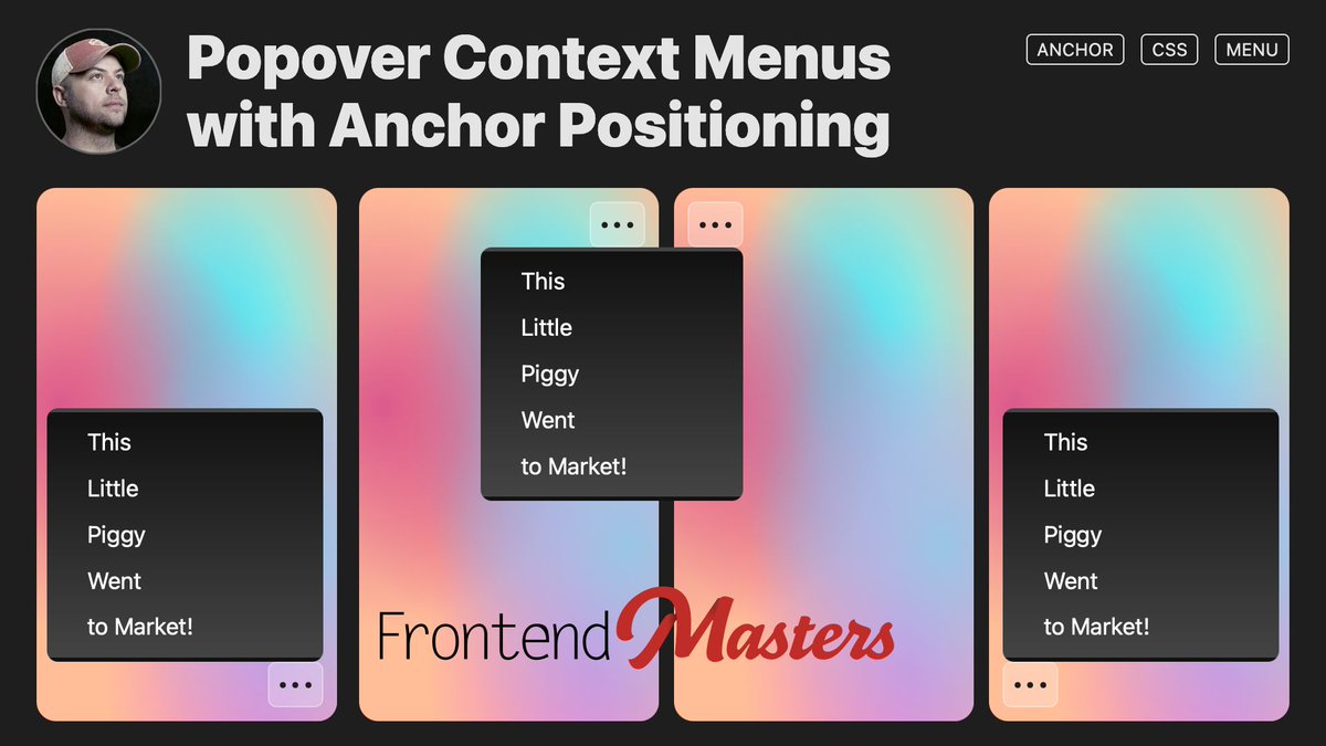 webstandards_ru's tweet photo. Контекстные меню с popover и anchor positioning. Крис Койер делает кебаб-меню без JS на popover-инвокерах и anchor positioning. А ещё умное позиционирование с помощью свойства position-try, чтобы меню всегда оставалось видимым. #css #popover
https://t.co/D7zOLxztxa https://t.co/LyxwSMVJ6y