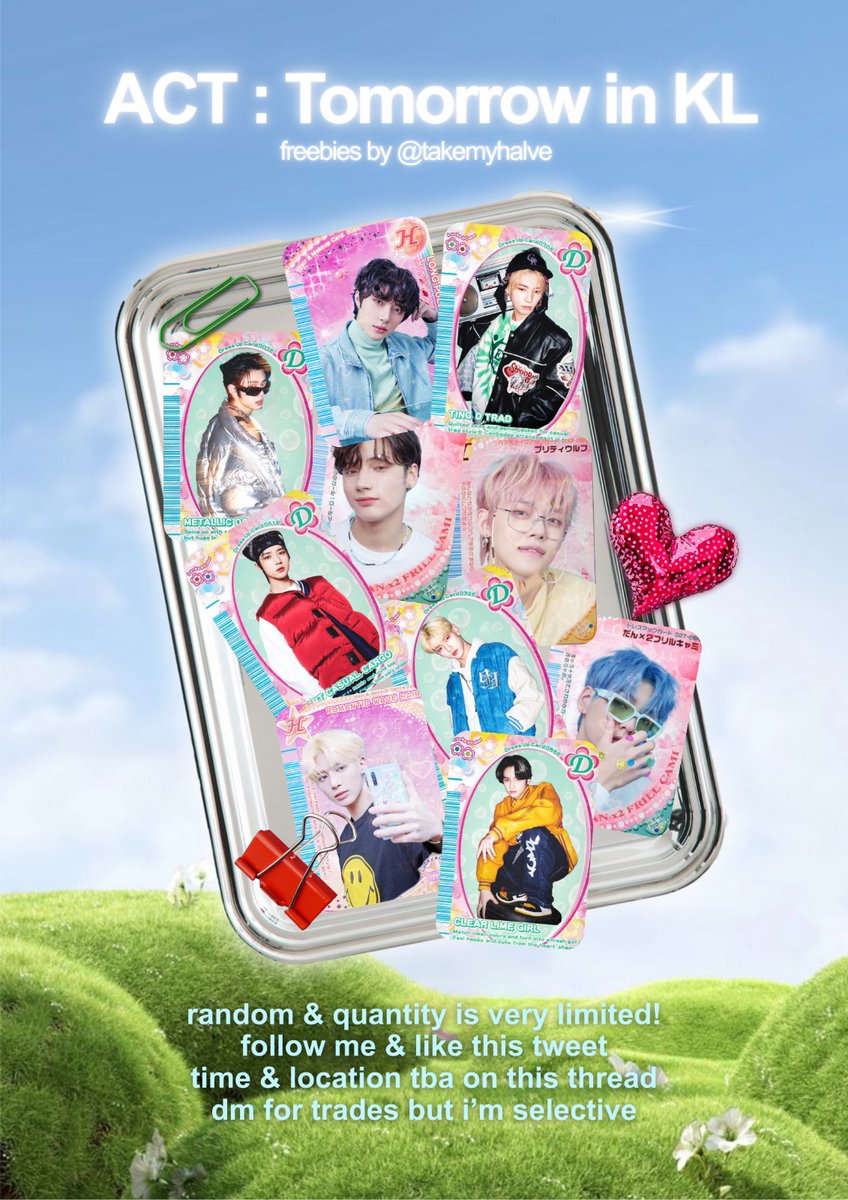 takemyhalve's tweet image. ✶°｡⋆ 𝗮𝗰𝘁 𝘁𝝾𝗺𝝾𝗿𝗿𝝾𝘄 𝗶𝗻 𝗸𝗹 : magic fashion cards ⋆｡°✶  

ᯓ➤ 100 pcs only! 20 pcs per design 
ᯓ➤ rt, like this tweet &amp;amp; show me 
ᯓ➤ exact place tba on d-day 
ᯓ➤ dm for trades 

#TXTinKL