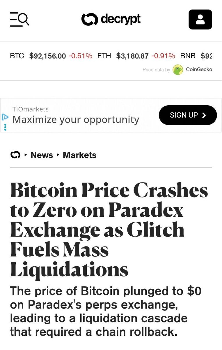 😳 Bitcoin at $0. Yesterday, due to a technical glitch on Paradex, the  displayed BTC price briefly dropped to $0. Result: Thousands of LONG  positions were liquidated and traders got wiped out