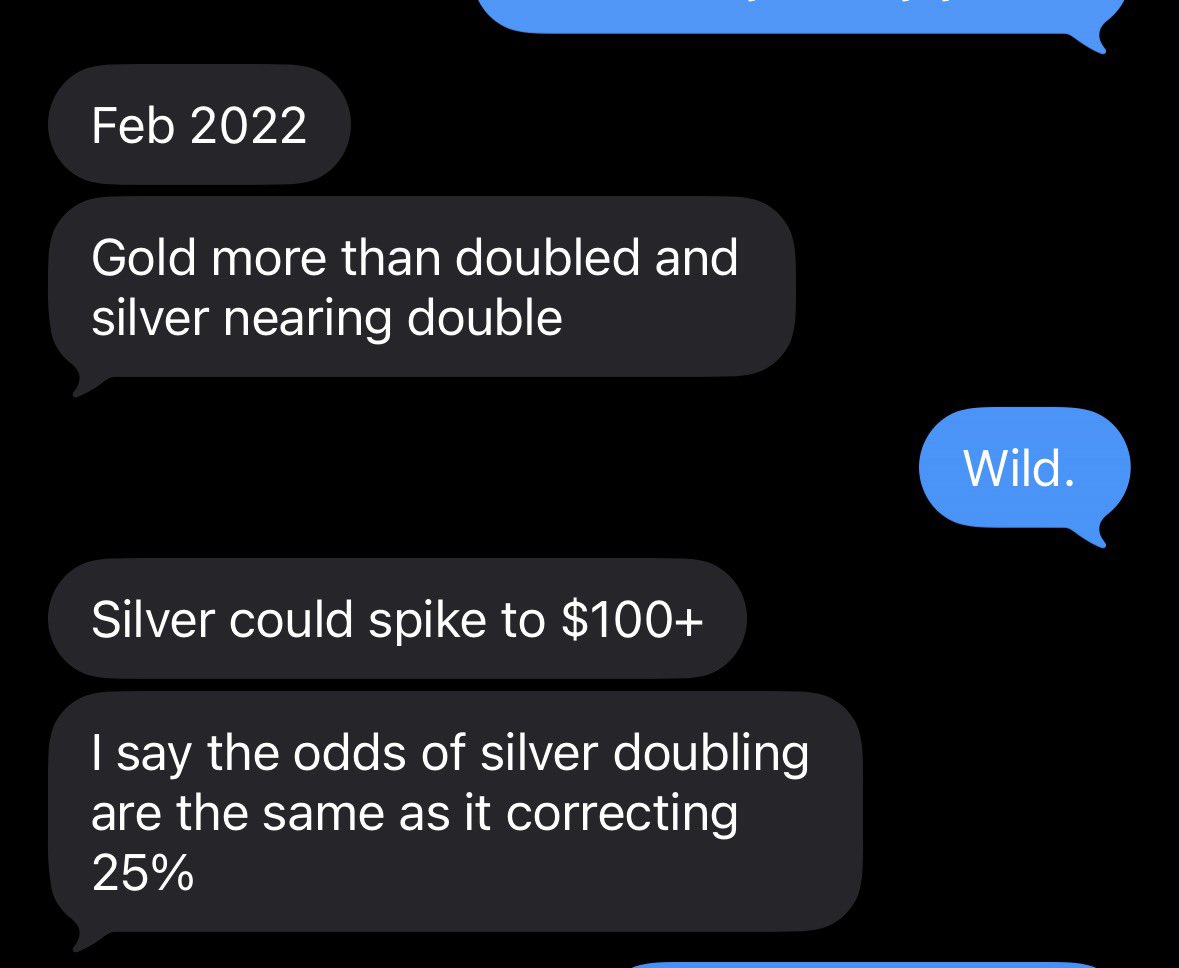 Dad went all in gold and silver in early 2022 and sent me these texts in September of last year. The apple actually does fall far from the tree. 

W dad

L crypto / me