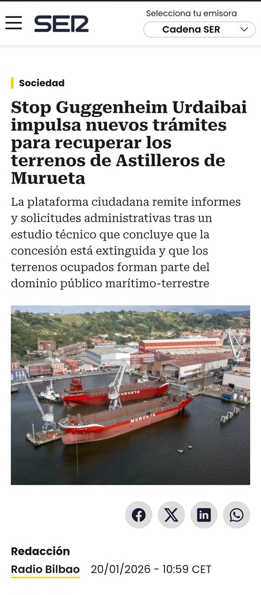 La plataforma ha puesto en marcha 2 procesos administratibos para sacar al astillero de la parcela que esta ocupando. Los 2 procesos presentados en la demarcacion de Costas, estan acompañadas d un informe pericial encargado a la empresa de ingenieria Adra
cadenaser.com/euskadi/2026/0…
