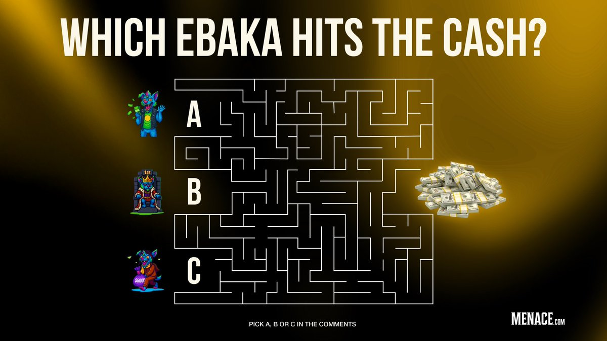 menacedotcom's tweet image. MENACE EBAKA MAZE DROP
$500 total. 5 winners, $100 each.

To enter:
– Like + repost this post
– Comment with your pick: A, B or C
– Add your MENACE username

Only those who guess the Ebaka that actually reaches the cash will be in the draw. Winners picked at random in 24 hours.