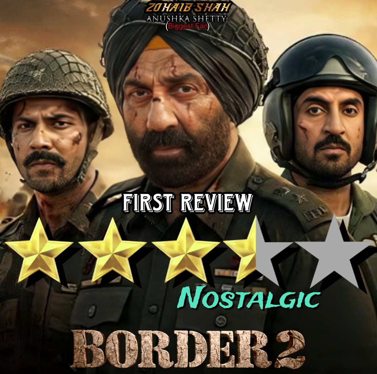 #Border2FirstReview 3.5/5⭐
𝗡𝗼𝘀𝘁𝗮𝗹𝗴𝗶𝗰

"A Forceful sequel, which lacked in Visuals, Emotions &amp; Story. but still, it's a good watch entertaining movie because of (Second part, Nostalgia &amp; Ha+e watching) factors."

#Border2 (#Border2Review)