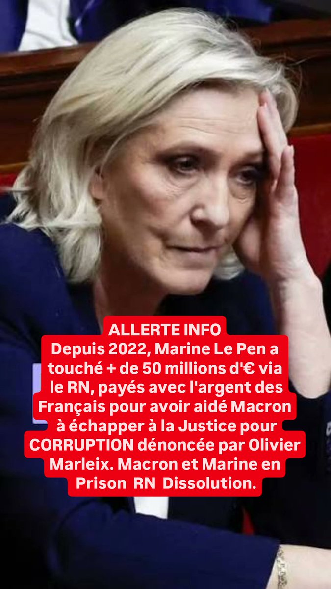 GenerationFemm1's tweet photo. Marine Le Pen a touché + de 50 millions d'€ payés avec l'argent des Français pour avoir aidé Macron à échapper à la Justice pour Corruption dénoncée par Olivier Marleix #MarineLePen #RassemblementNational #OlivierMarleix #MarineEnPrison #RNDissolution https://t.co/rbdQV4TWiT